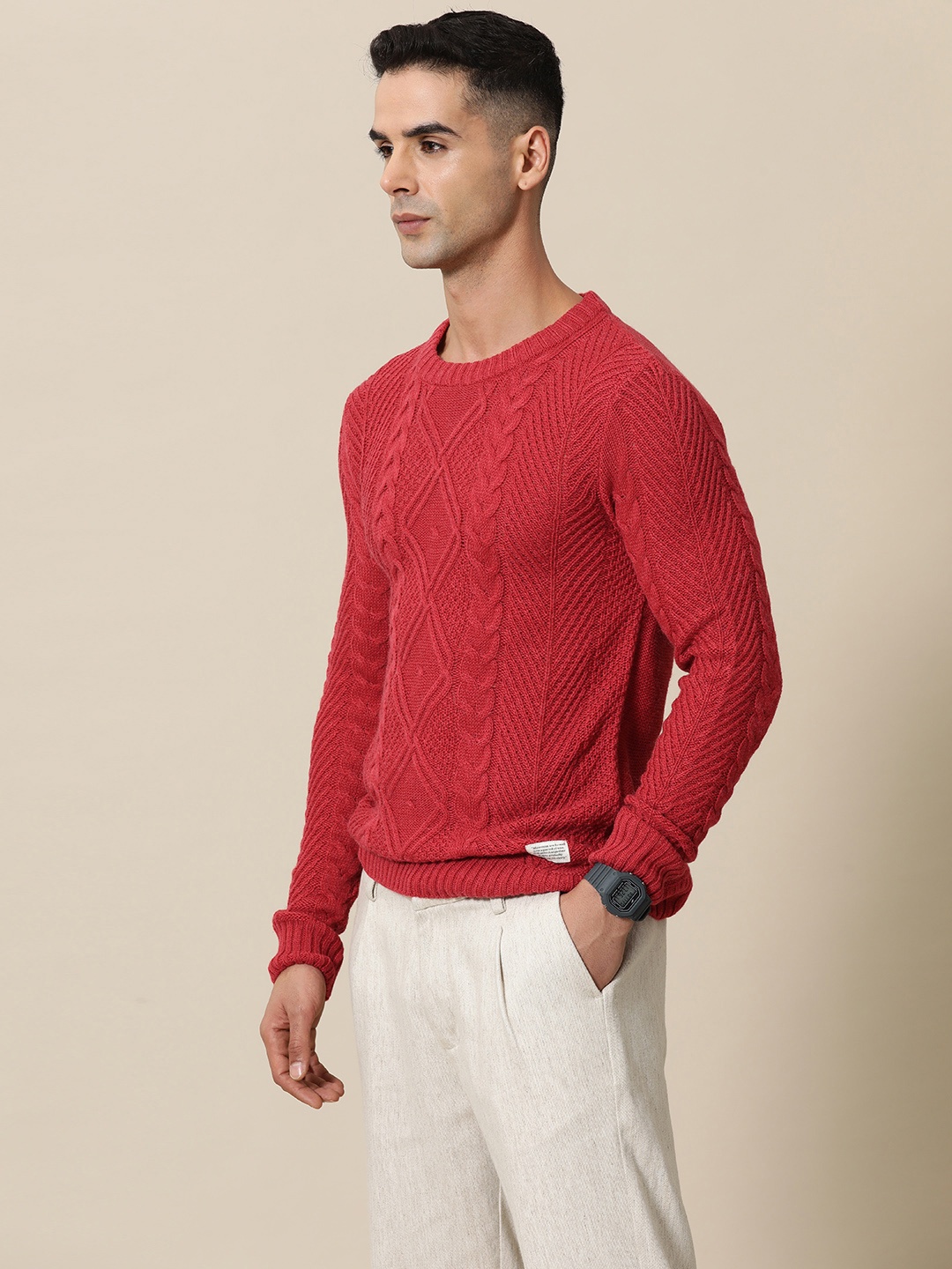 

Mr Bowerbird Men Solid Cable Ribbed Tailored Fit Pullover, Red