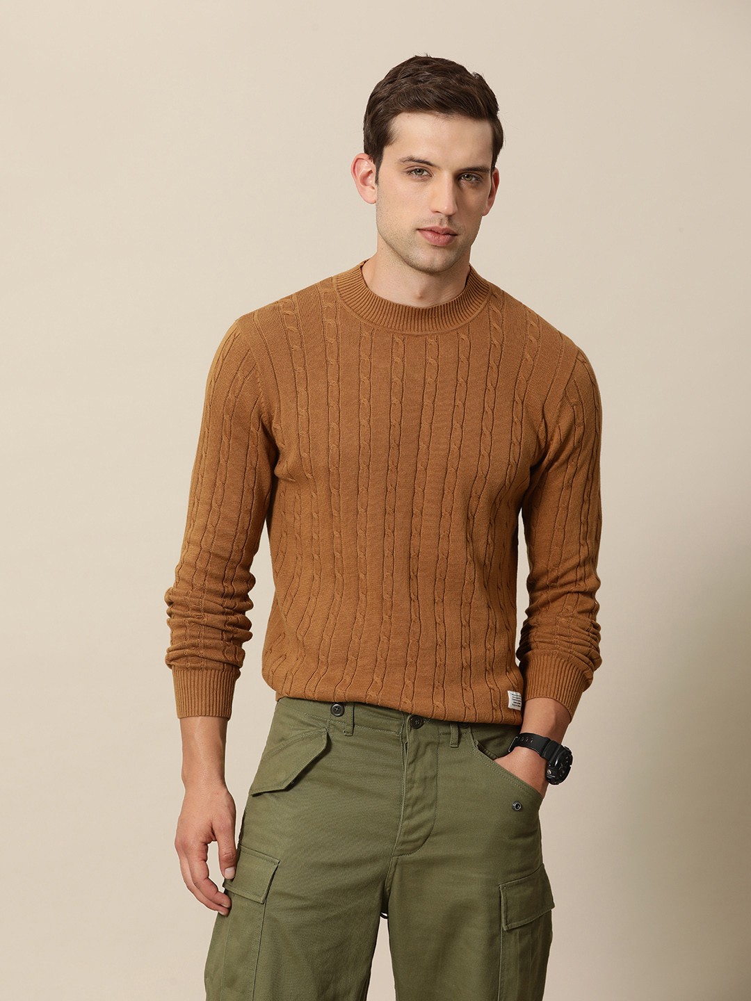 

Mr Bowerbird Men Solid Cable Ribbed Pure Cotton Tailored Fit Pullover, Brown