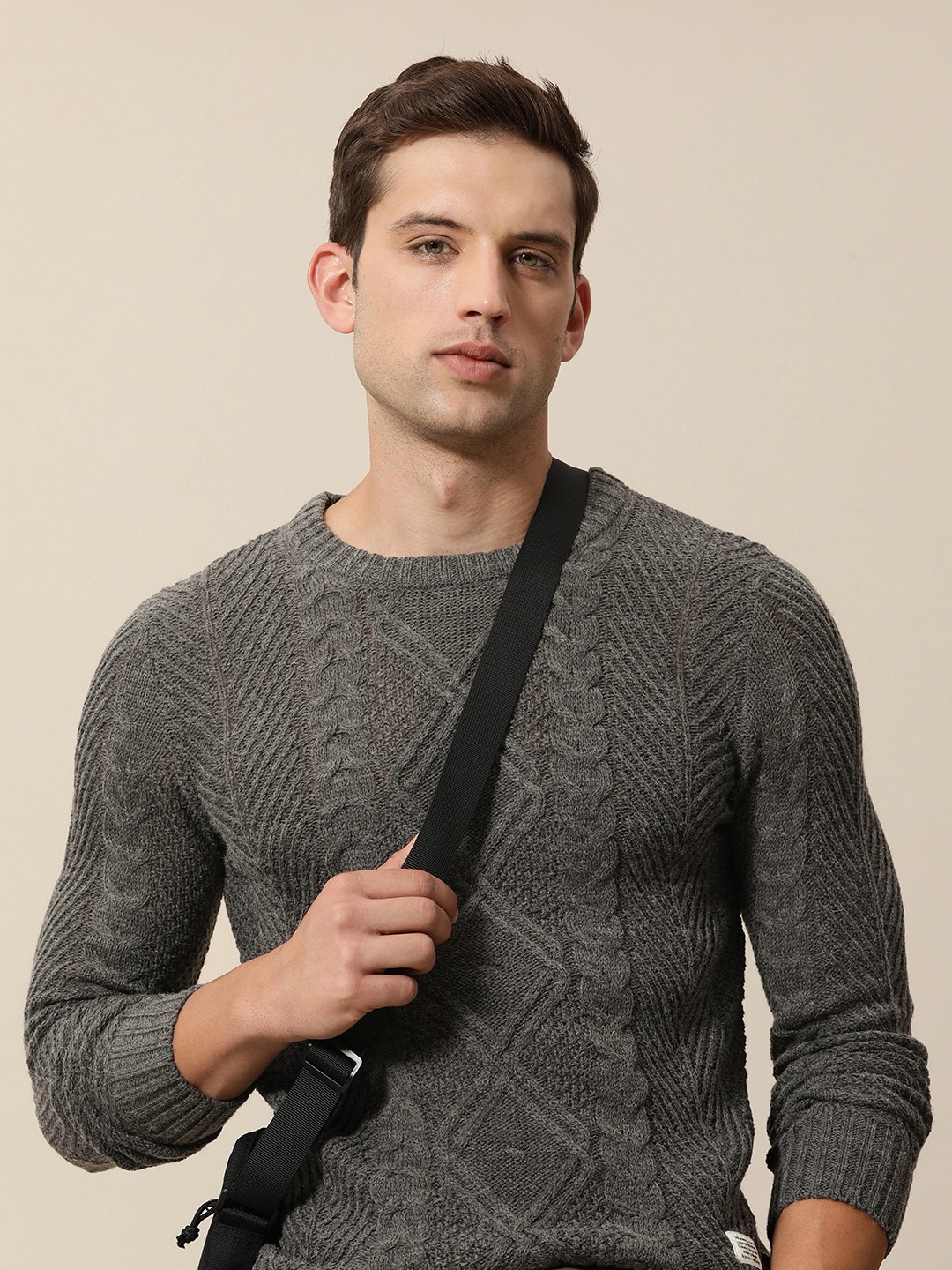 

Mr Bowerbird Self Design Tailored Fit Cable Knit Pullover Sweaters, Grey melange