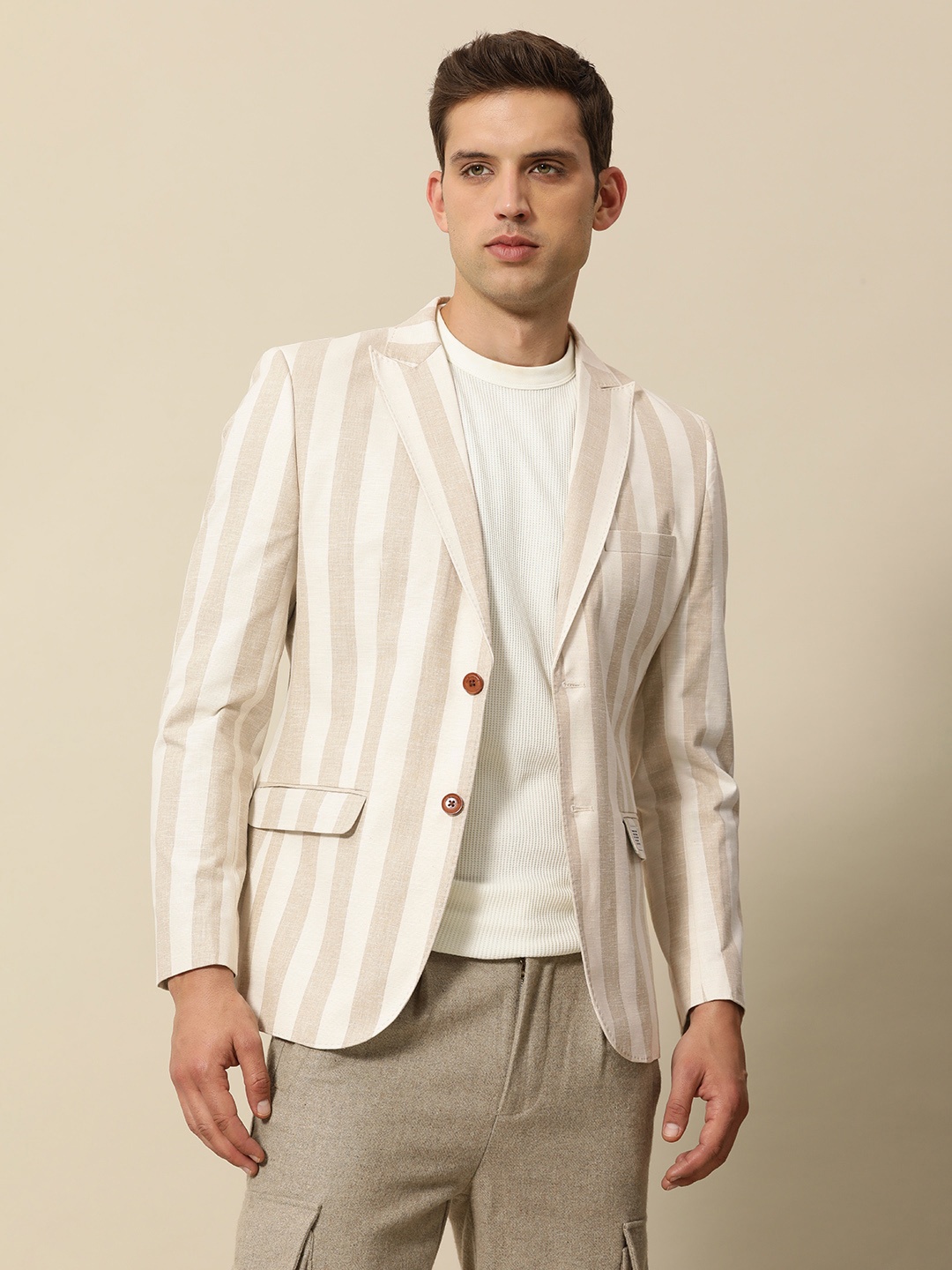 

Mr Bowerbird Striped Peak Lapel Tailored Fit Casual Blazers, Beige