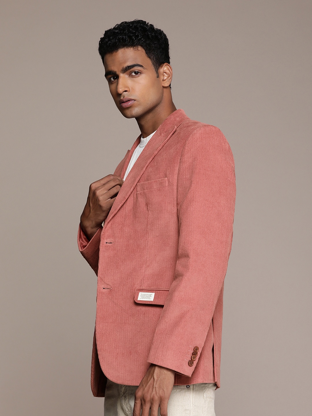 

Mr Bowerbird Tailored Fit Peaked Lapel Collar Single Breasted Corduroy Cotton Blazer, Pink