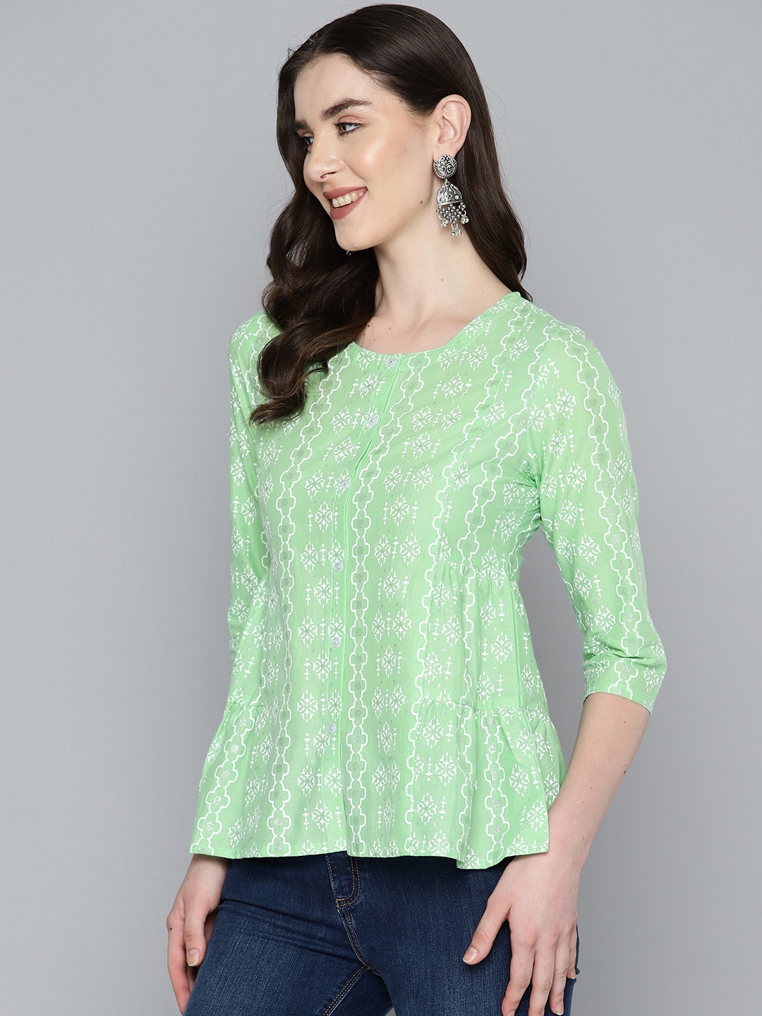 

HERE&NOW Ethnic Motifs Printed Pure Cotton Pleated Kurti, Green