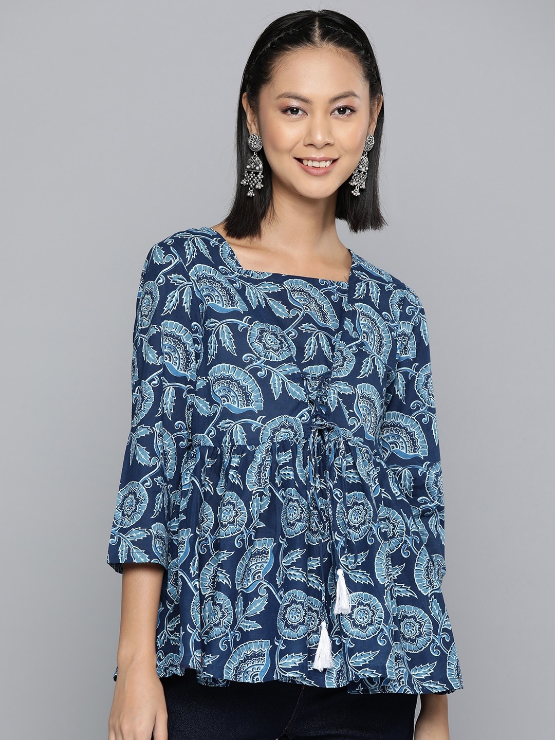 

HERE&NOW Women Ethnic Motifs Printed Cotton Kurti, Blue