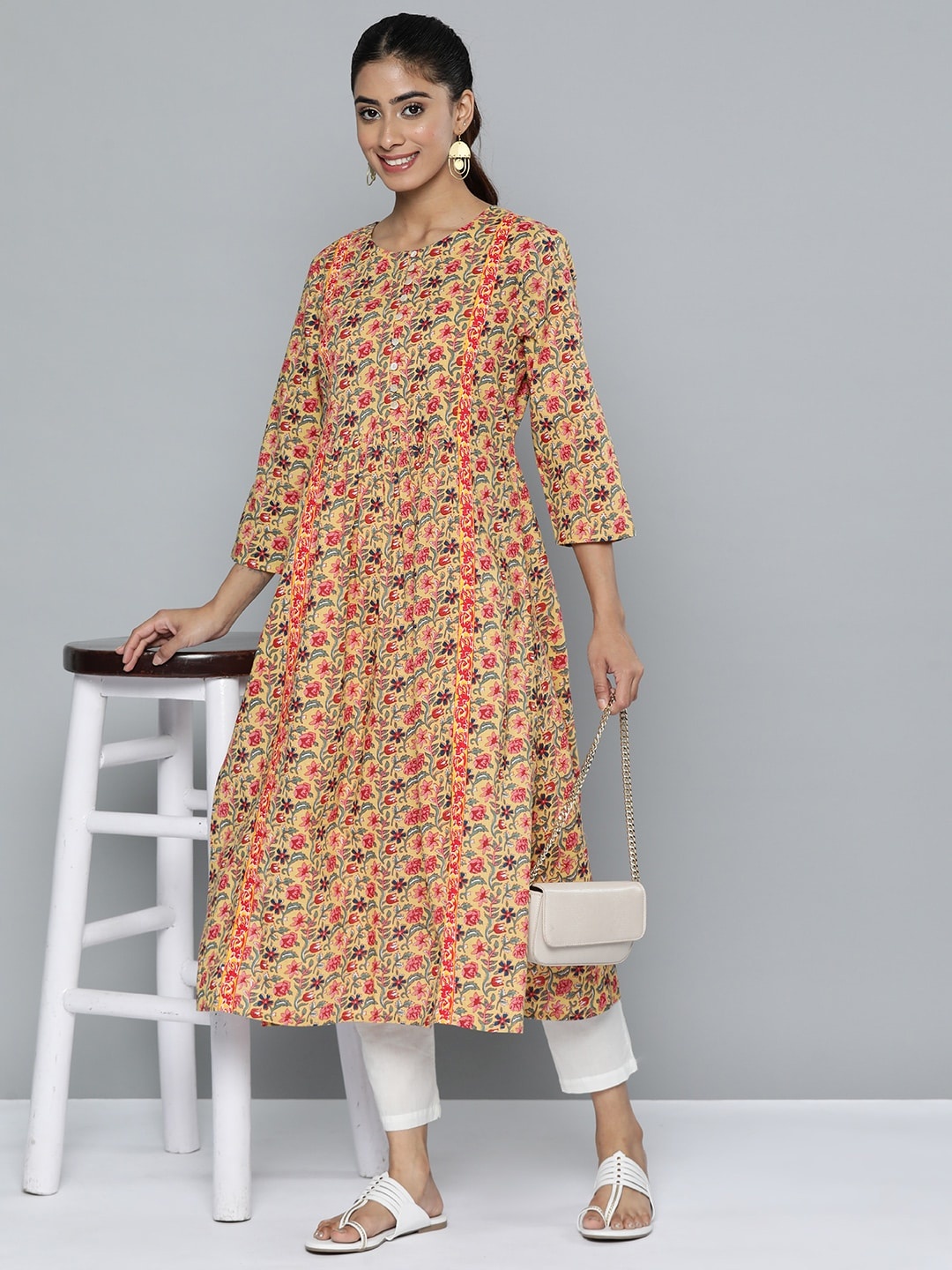 

HERE&NOW Women Ethnic Motifs Printed Pure Cotton Kurta, Yellow