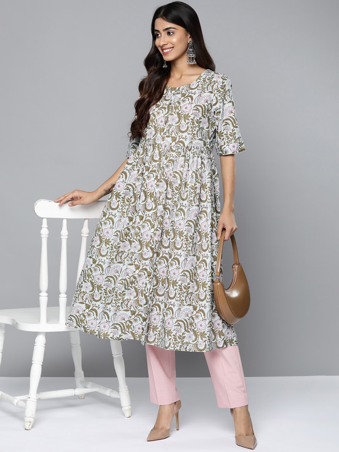 

HERE&NOW Floral Printed Pure Cotton A-Line Kurta, Blue