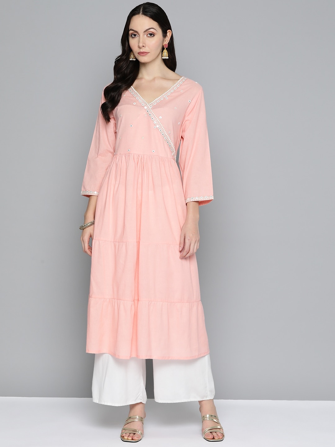 HERE&NOW Pure Cotton Mirror Work Tiered Kurta, Peach