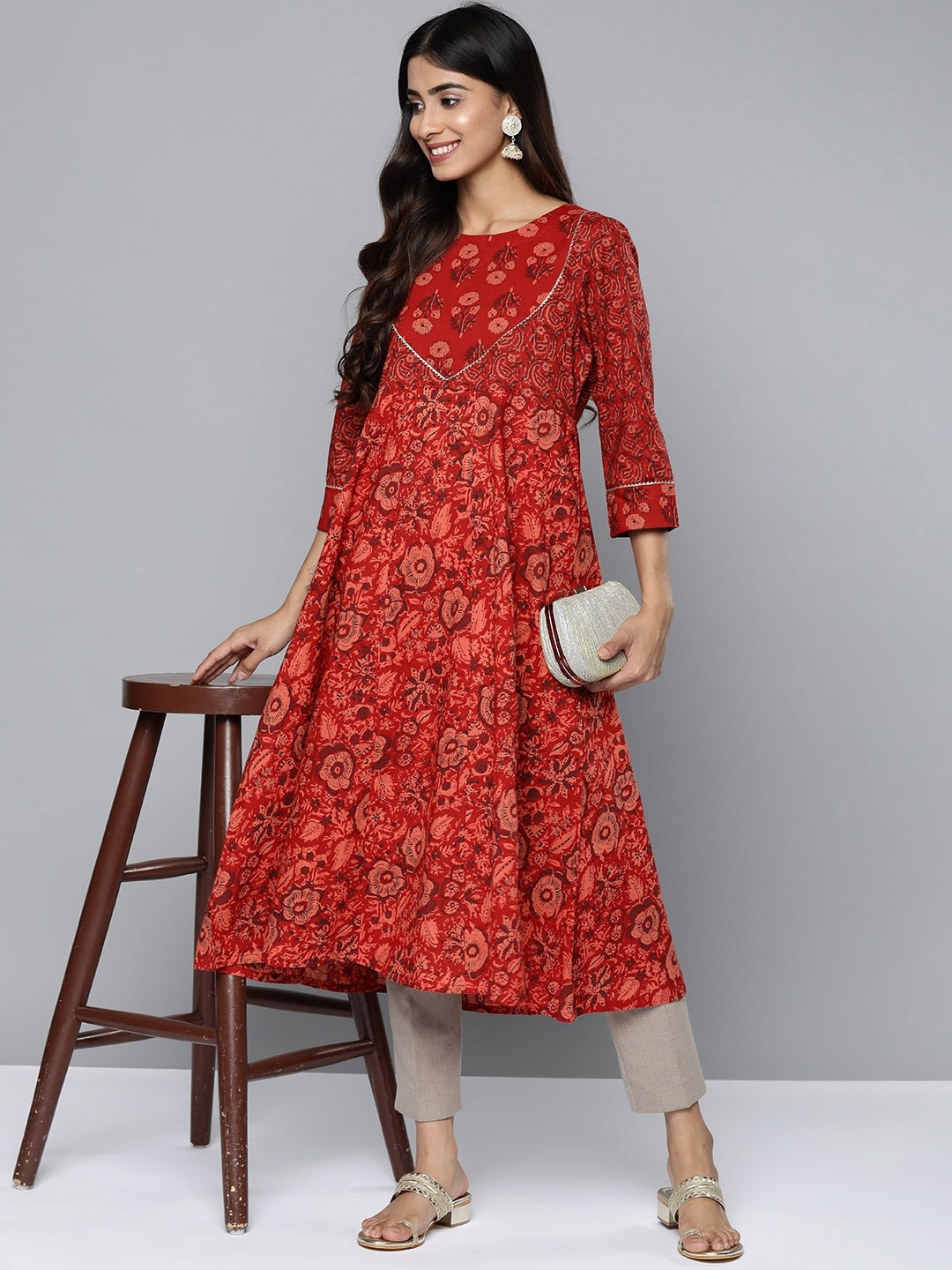 

HERE&NOW Floral Print Pure Cotton A-Line Kurta, Red