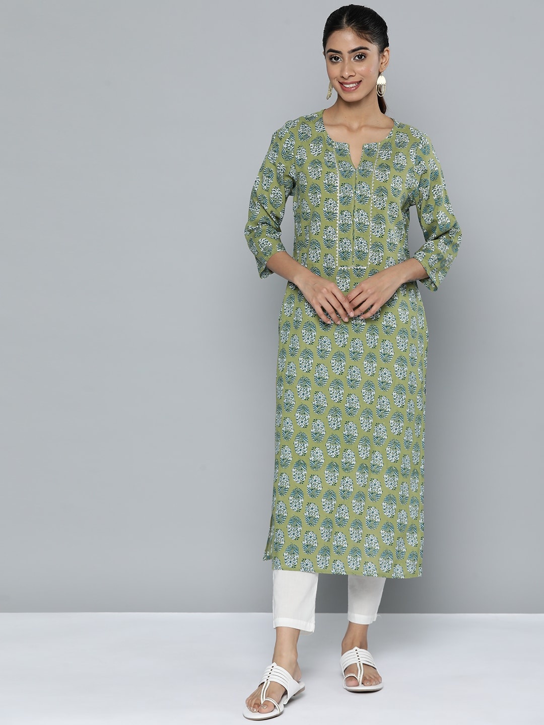 

HERE&NOW Floral Print Straight Kurta, Green