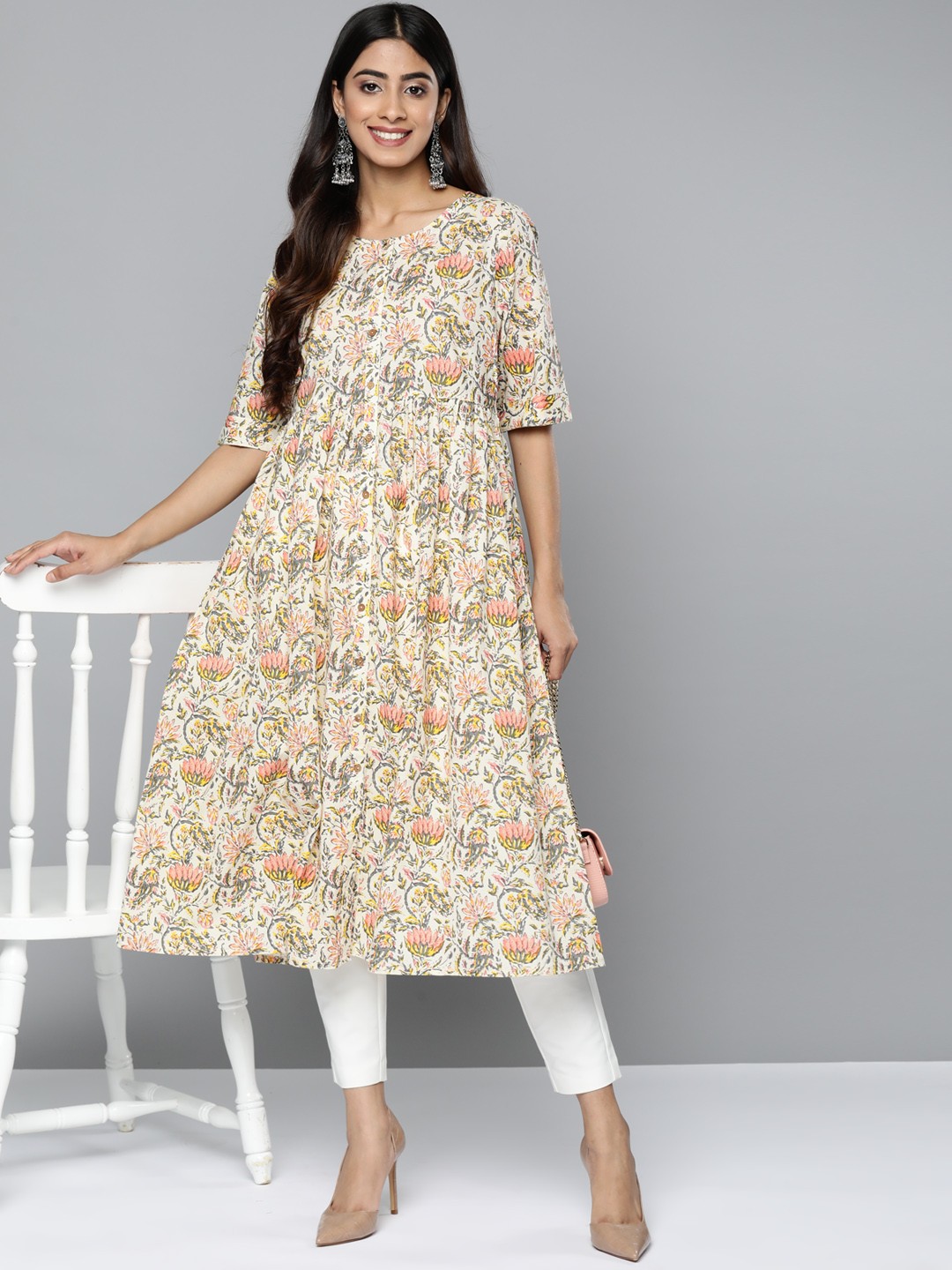 

HERE&NOW Floral Printed Pure Cotton A-Line Kurta, Cream