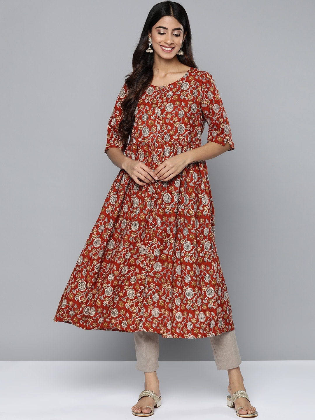 

HERE&NOW Floral Printed Pure Cotton A-Line Kurta, Rust