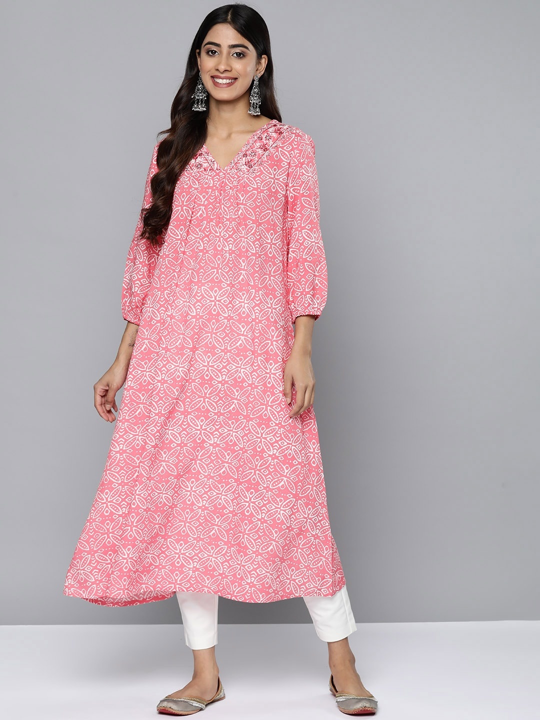 HERE&NOW Ethnic Motifs Print Mirror Work Detail Kurta, Pink