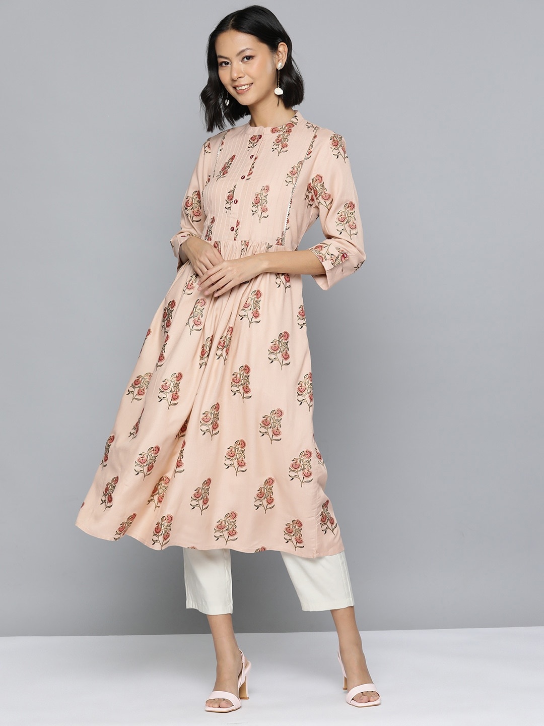 

HERE&NOW Women Ethnic Motifs Printed Gotta Patti Work Pintucks A-line Kurta, Peach