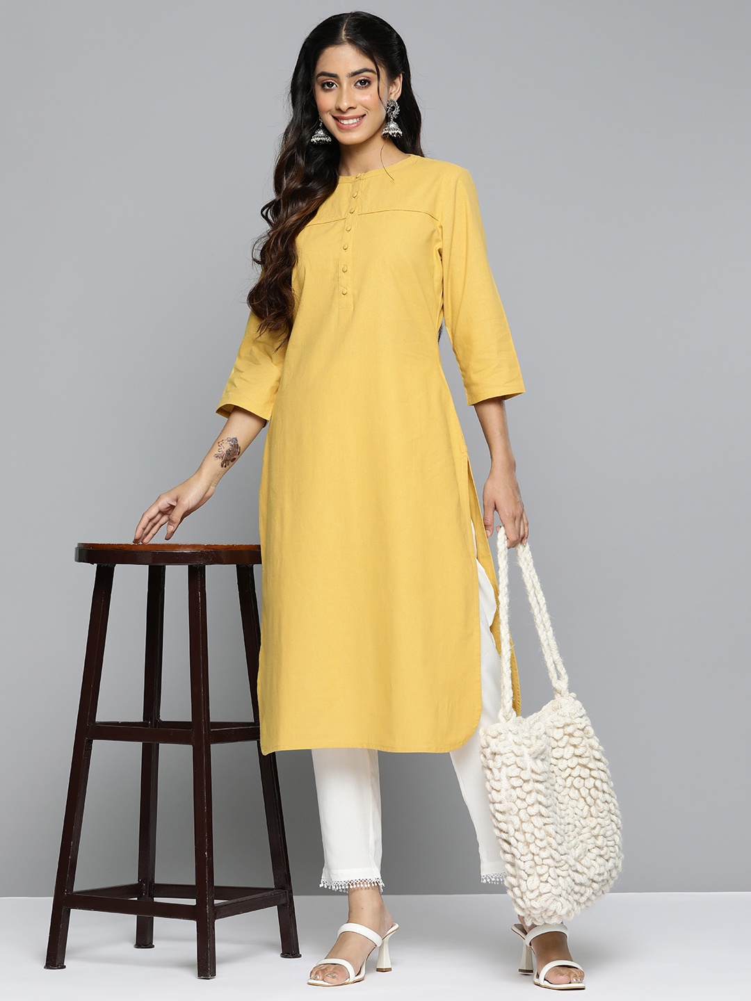 

HERE&NOW Cotton Linen Solid Straight Kurta, Mustard