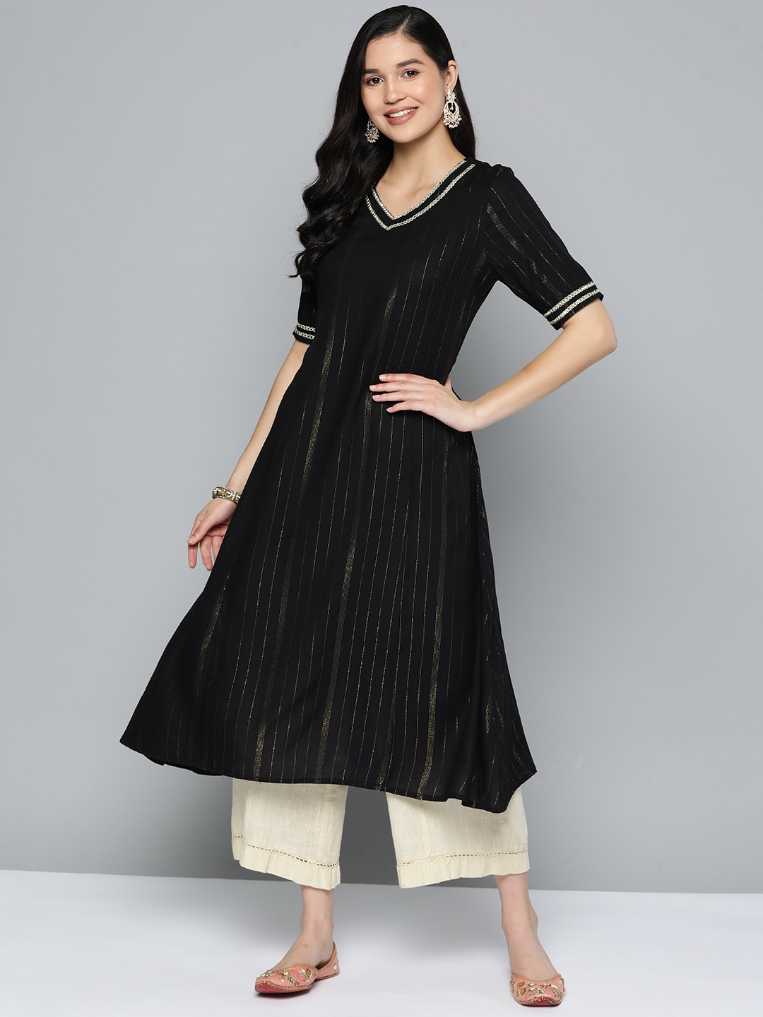 

HERE&NOW Striped Sequined Detail A-Line Kurta, Black