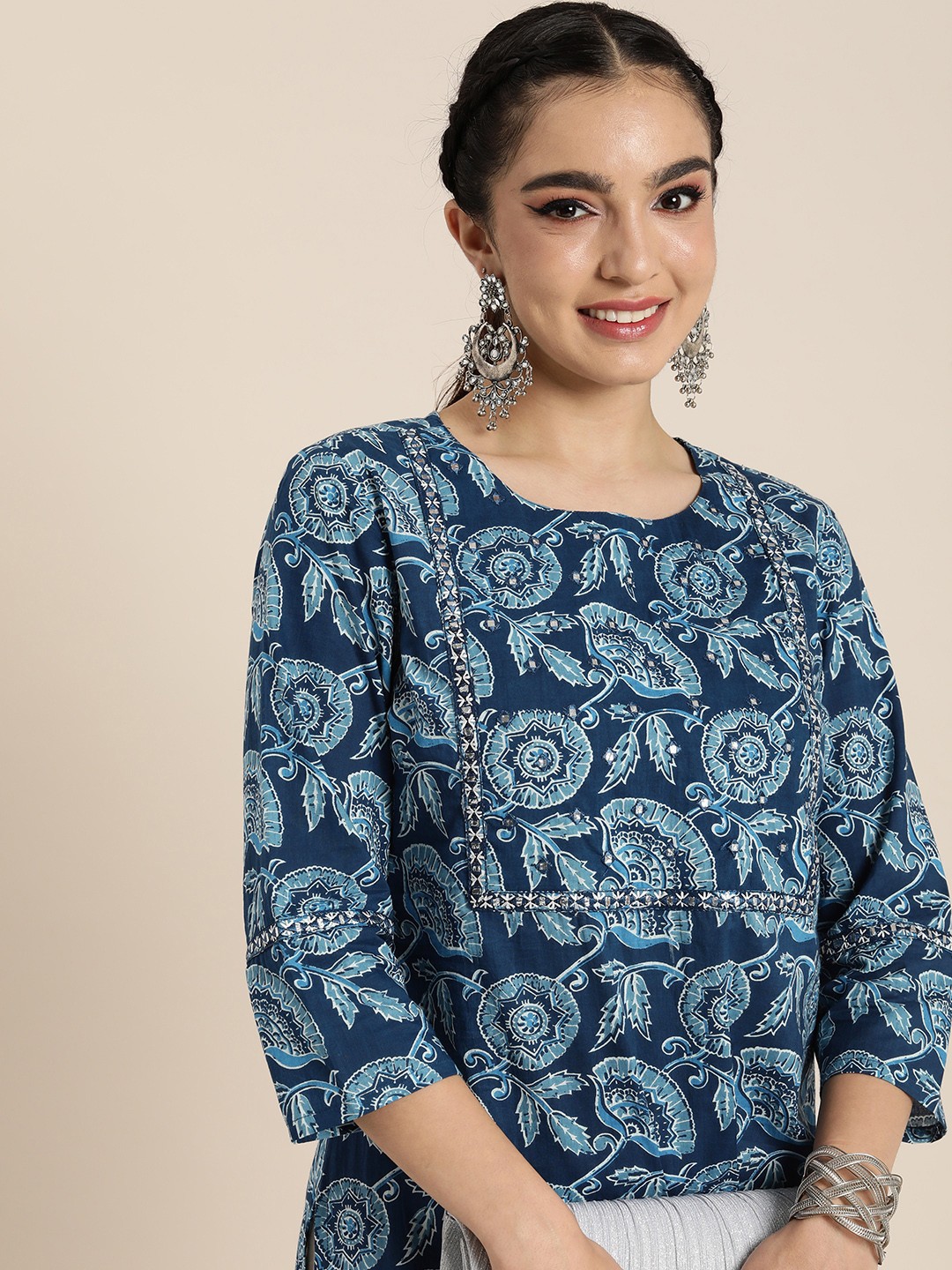 

HERE&NOW Ethnic Motifs Printed Cotton Kurta, Blue