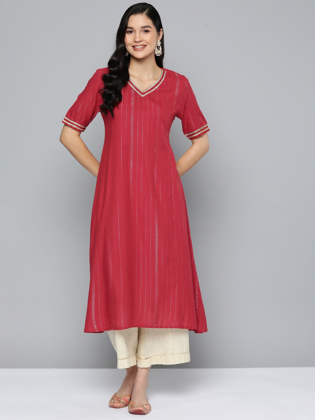 

HERE&NOW Striped Sequined Detail A-Line Kurta, Red