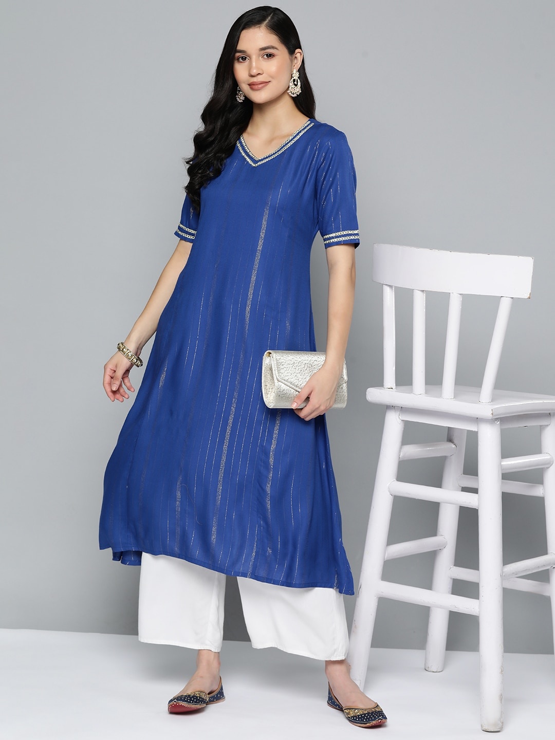 

HERE&NOW Striped Sequined Detail A-Line Kurta, Blue