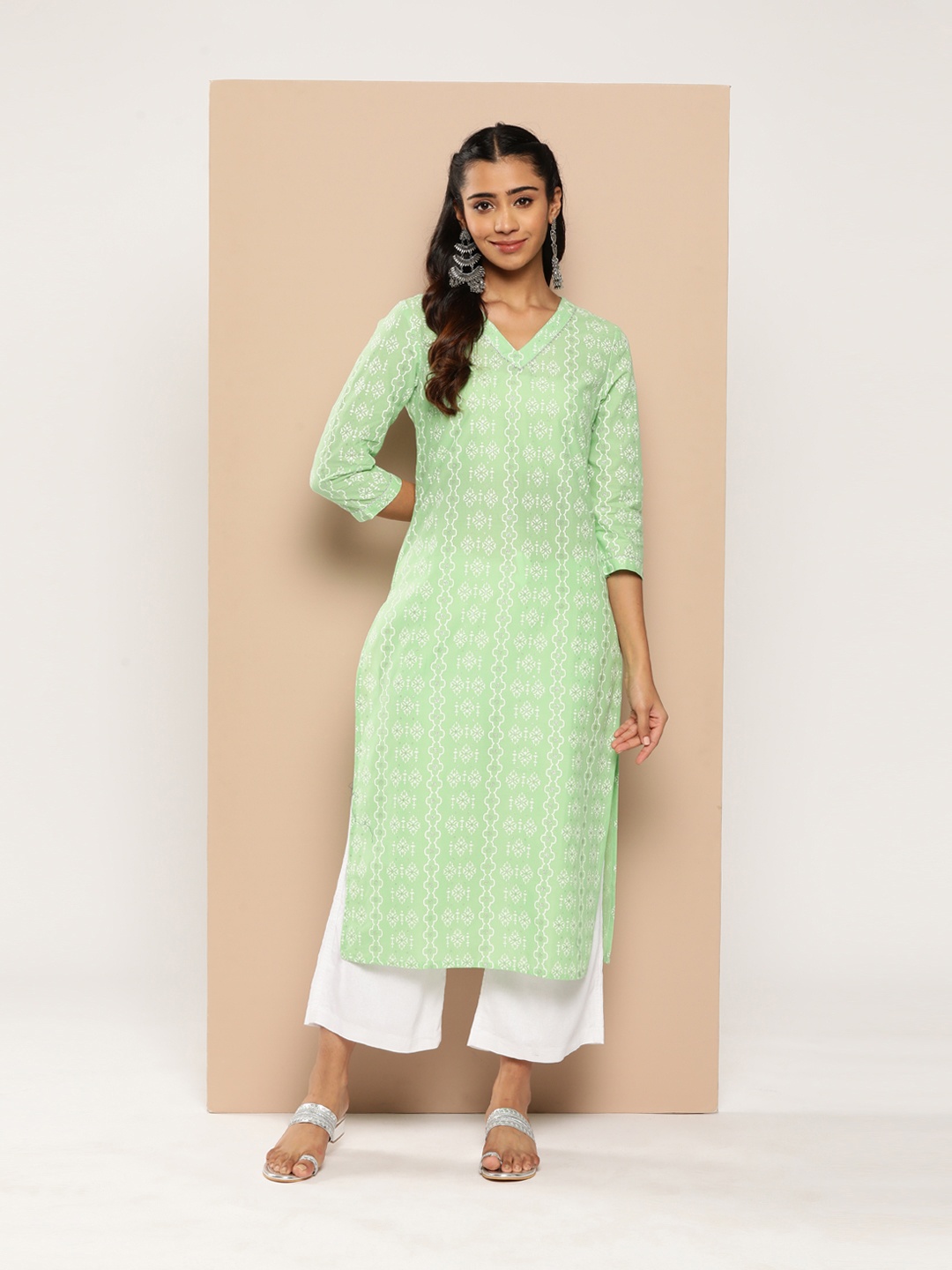

HERE&NOW Women Ethnic Motifs Printed Pure Cotton Gotta Patti Kurta, Green
