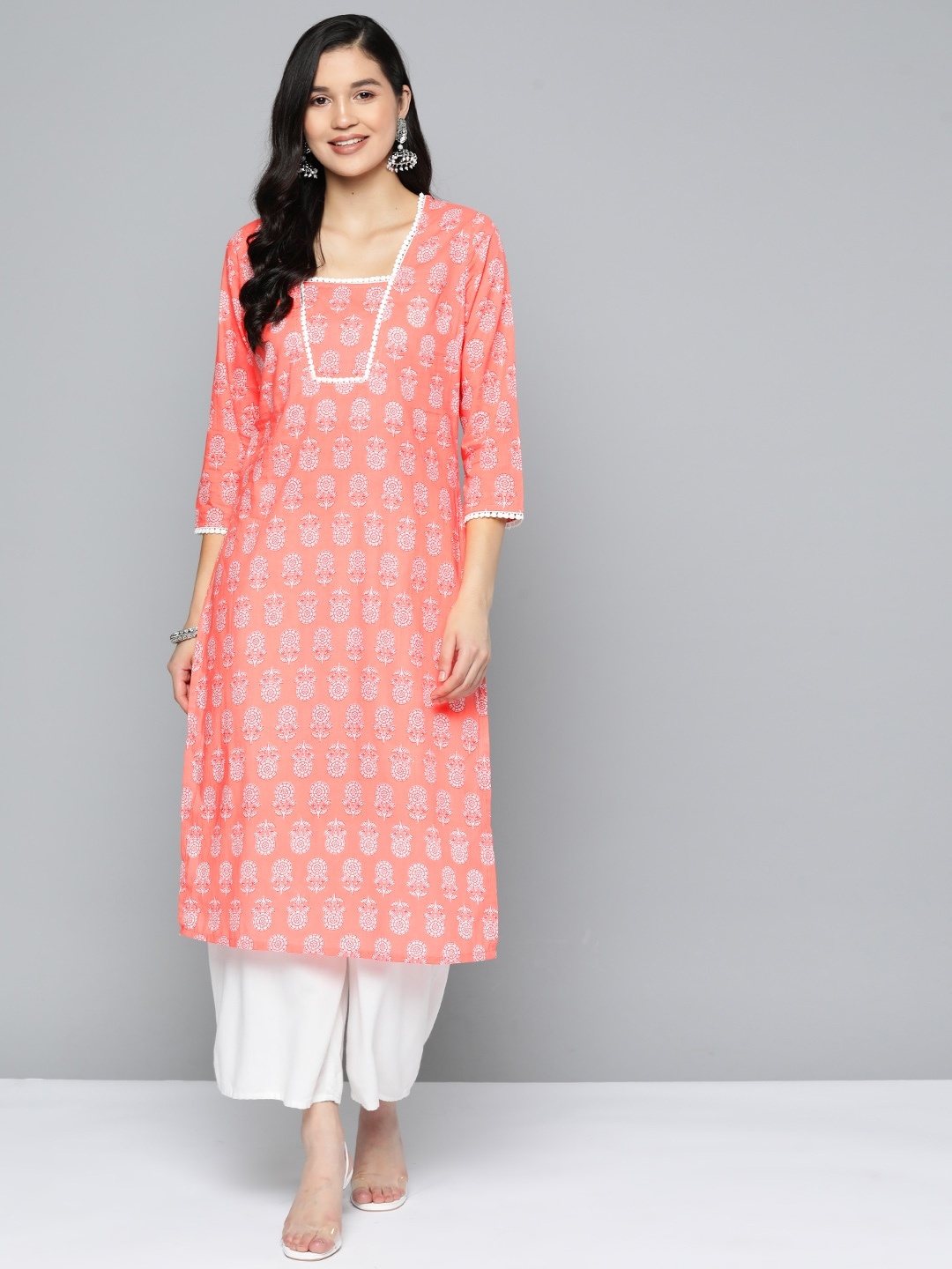 

HERE&NOW Pure Cotton Floral Printed Straight Kurta, Peach