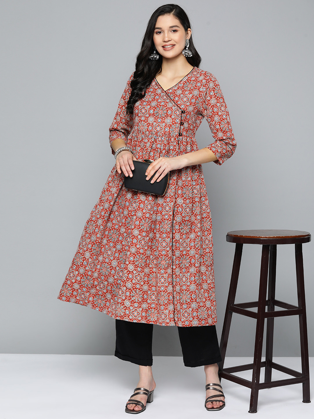 

HERE&NOW Ethnic Motifs Printed Angrakha Kurta, Maroon