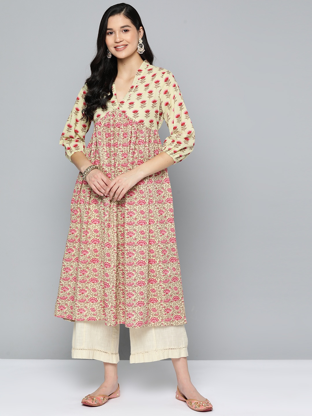 

HERE&NOW Floral Printed Pure Cotton Empire Kurta, Cream