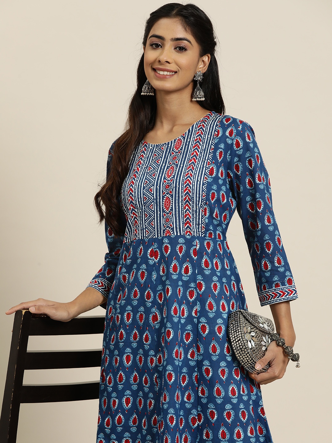 

HERE&NOW Pure Cotton Ethnic Motifs Printed Kurta, Blue