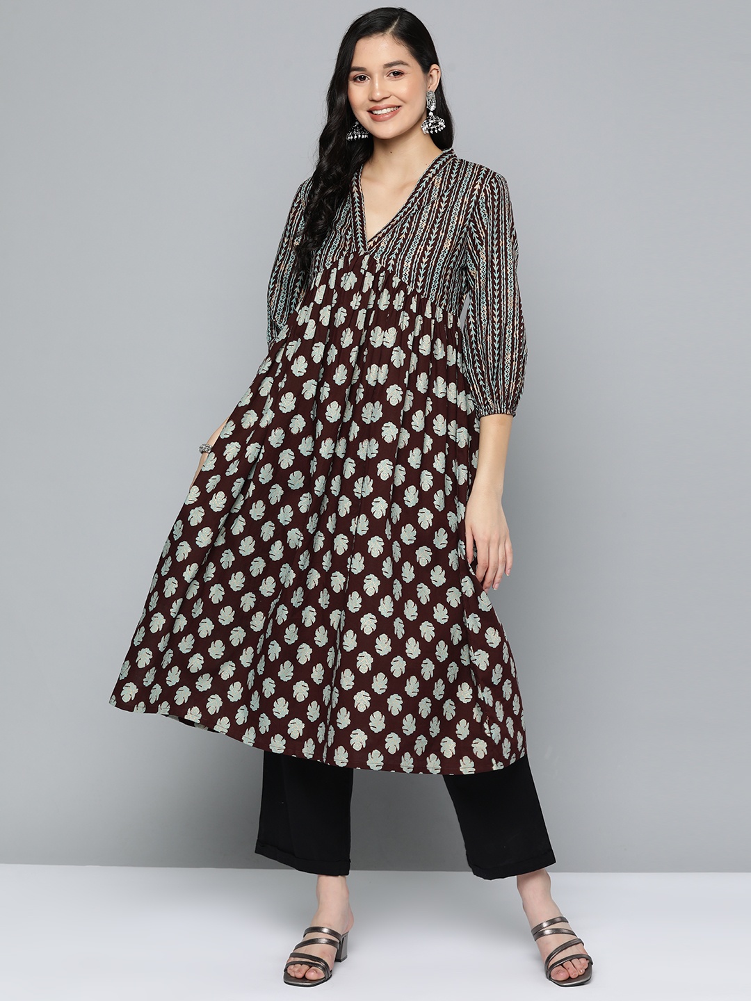 

HERE&NOW Ethnic Motifs Printed Pure Cotton Empire Kurta, Brown