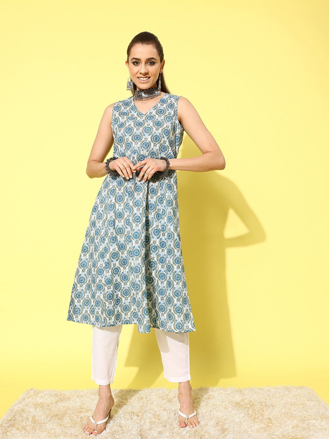

HERE&NOW Ethnic Motifs Print Cotton Kurta with Trousers, Blue