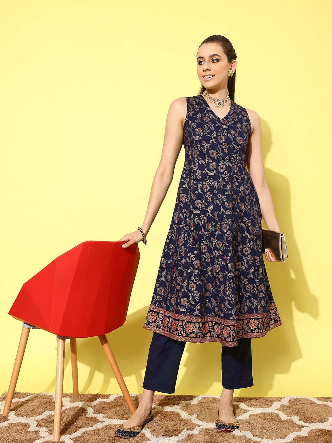 

HERE&NOW Navy Blue Ethnic Motifs Print Pure Cotton Back Detail Kurta with Trousers