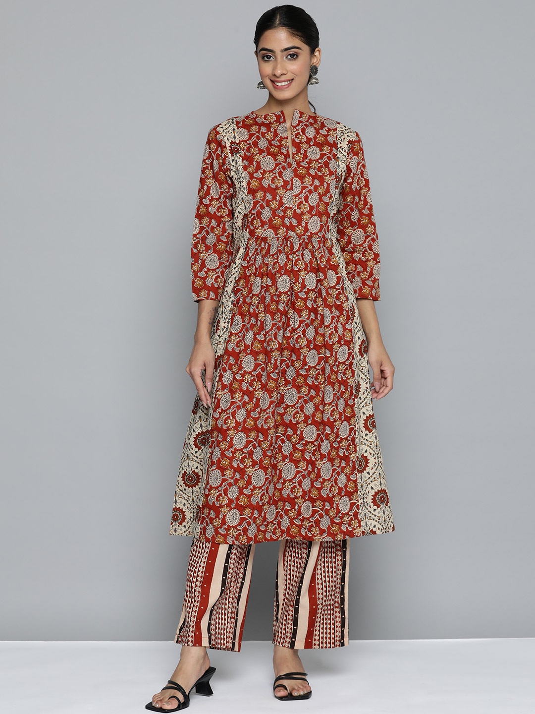 

HERE&NOW Women Ethnic Motifs Printed Regular Pure Cotton Kurta Set, Rust