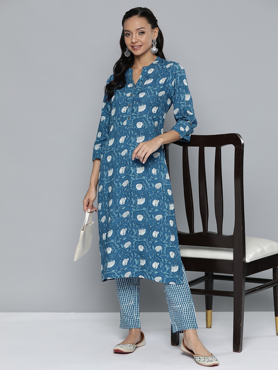 

HERE&NOW Printed Regular Kurta with Trousers, Blue