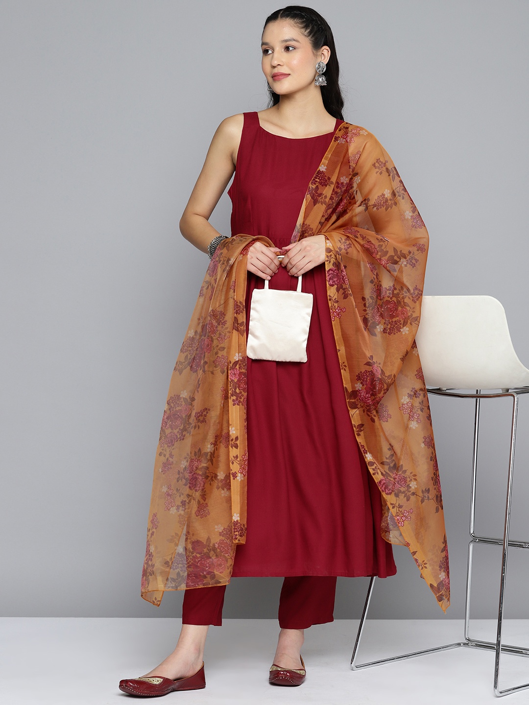 

HERE&NOW Women Pleated Kurta with Trousers & Dupatta, Maroon