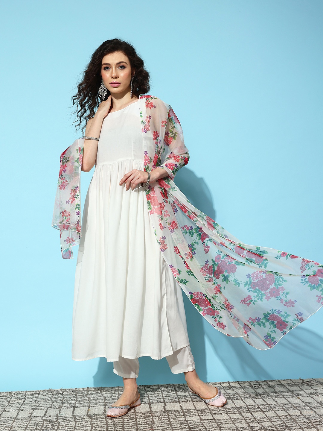 

HERE&NOW Women Anarkali Kurta with Trousers & Dupatta, Off white