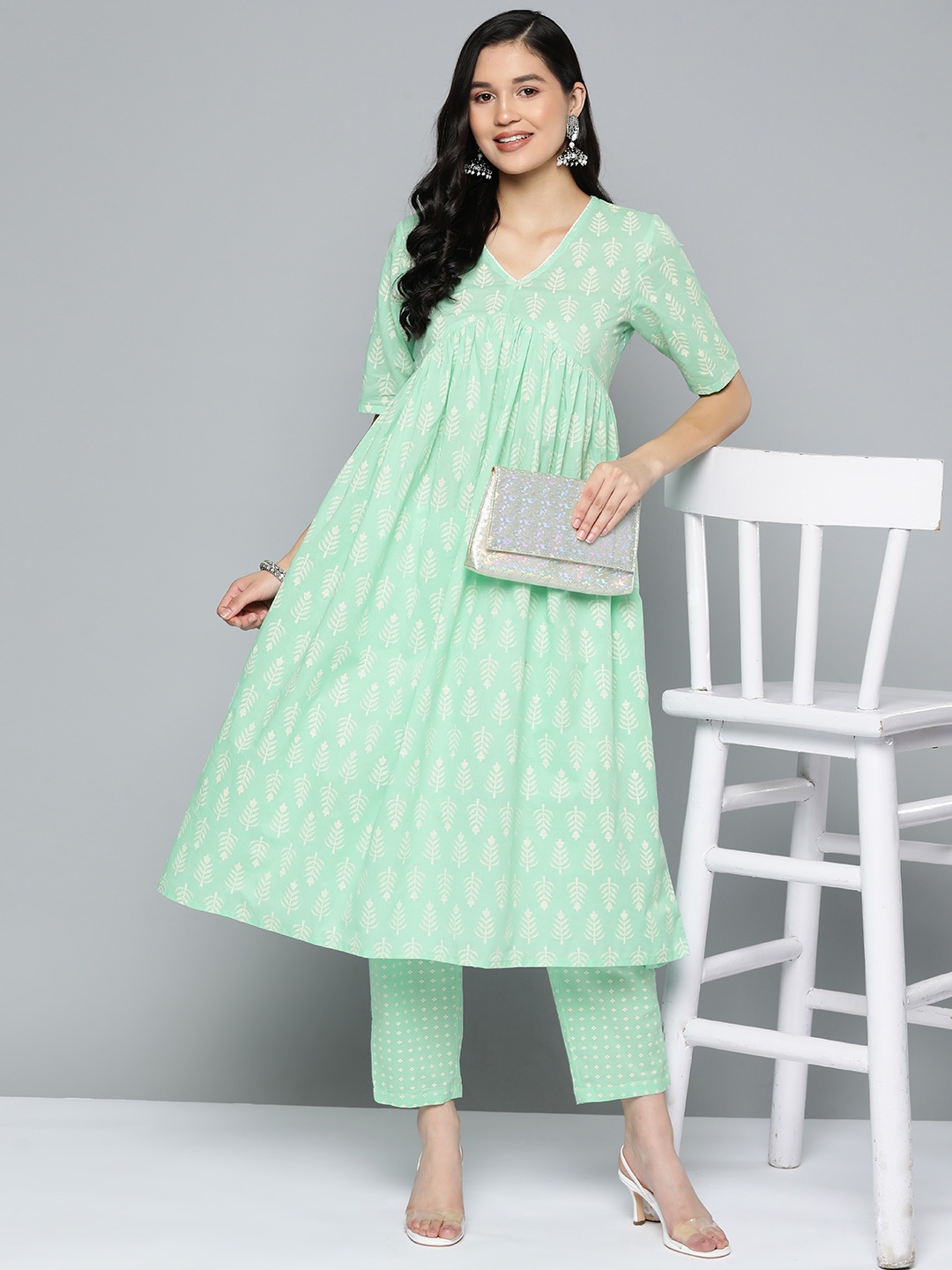

HERE&NOW Printed Pleated Pure Cotton Kurta with Trousers, Sea green