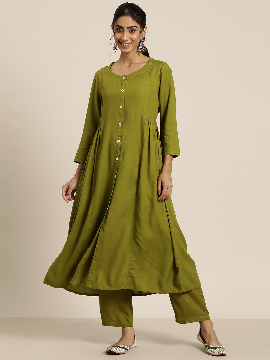 

HERE&NOW A-Line Kurta with Trousers, Olive