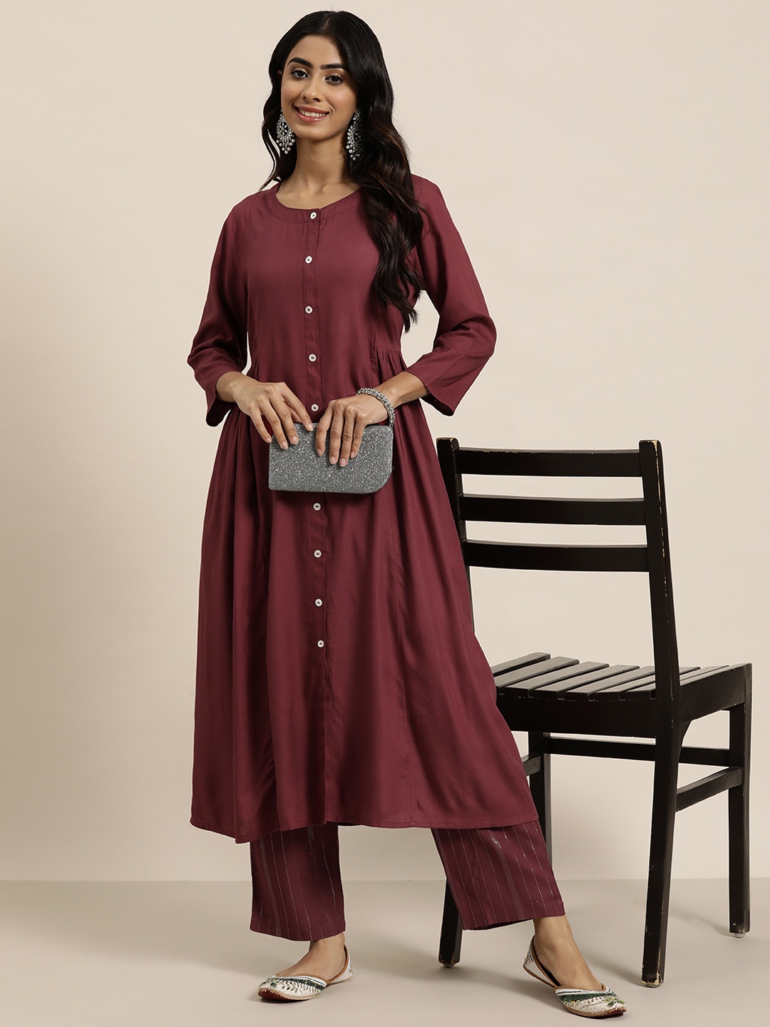 

HERE&NOW Solid Pleated Kurta with Palazzos, Maroon