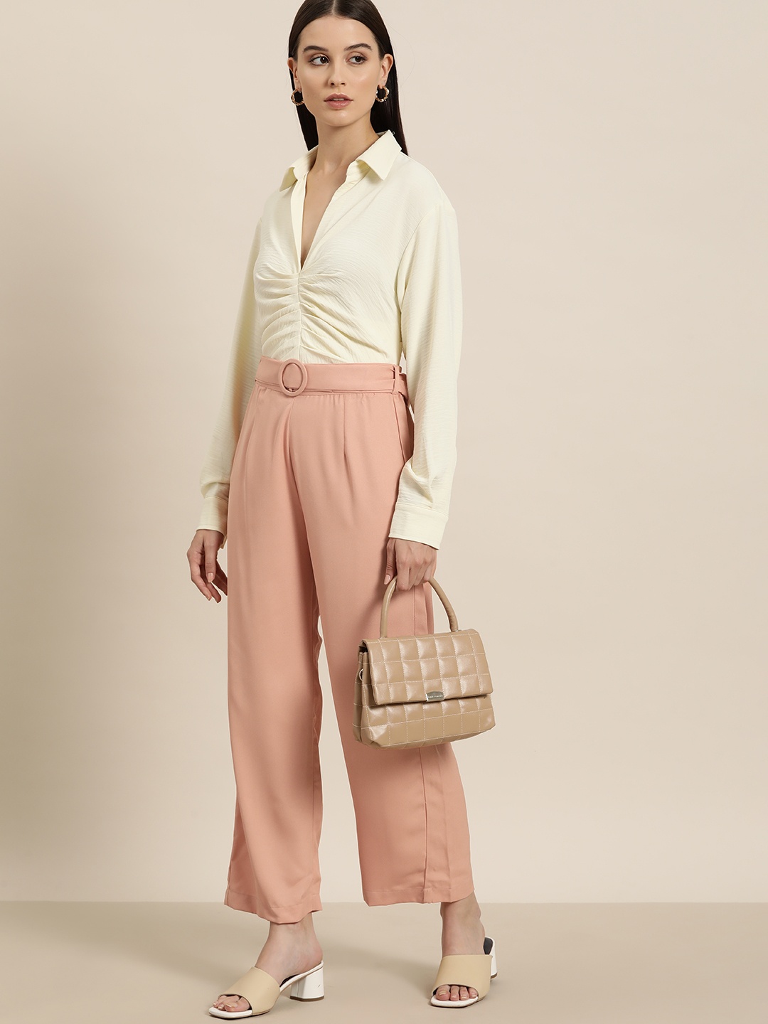 

her by invictus Women Belted Detail Smart Casual Trousers, Peach