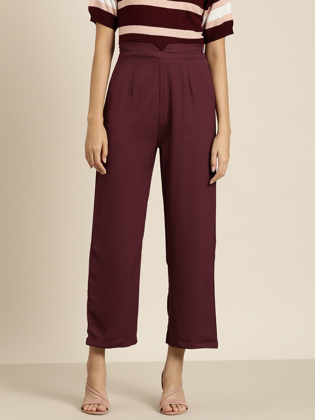 

her by invictus Women High-Rise Pleated Trousers, Maroon