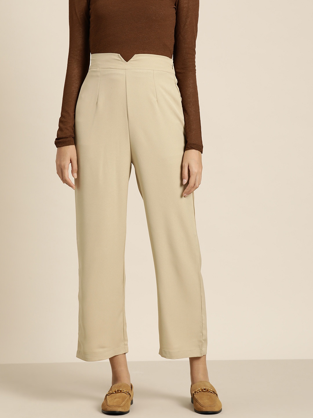 

her by invictus Women Mid-Rise Flared Cropped Parallel Trousers, Beige