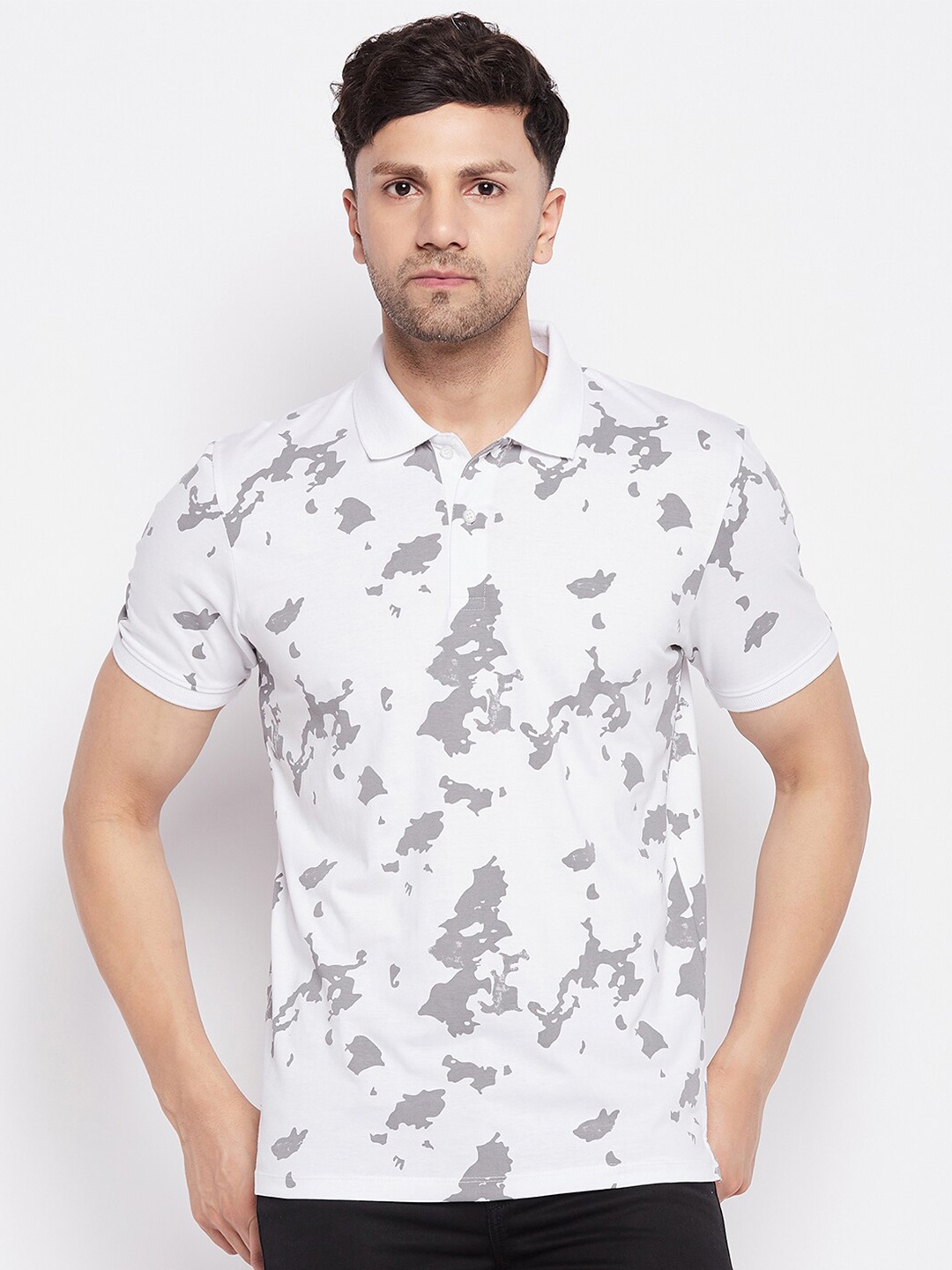 

WILD WEST Abstract Printed Polo Collar Cotton T-shirt, White