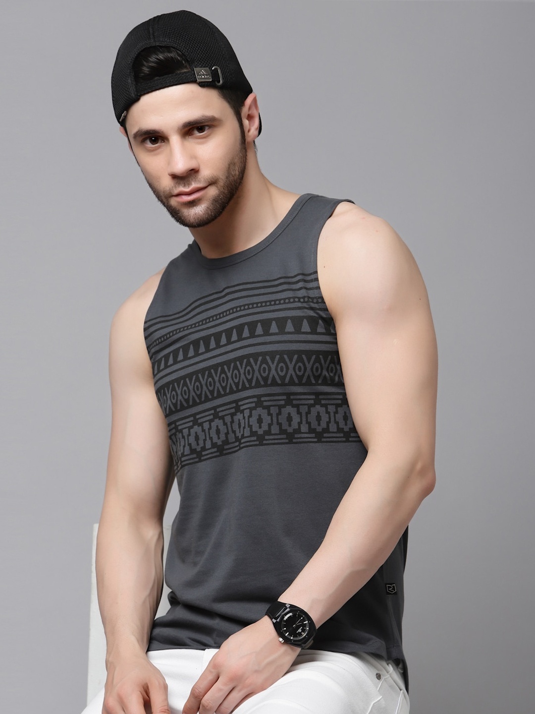 

Rigo Geometric Printed Sleeveless Slim Fit T-Shirt, Grey