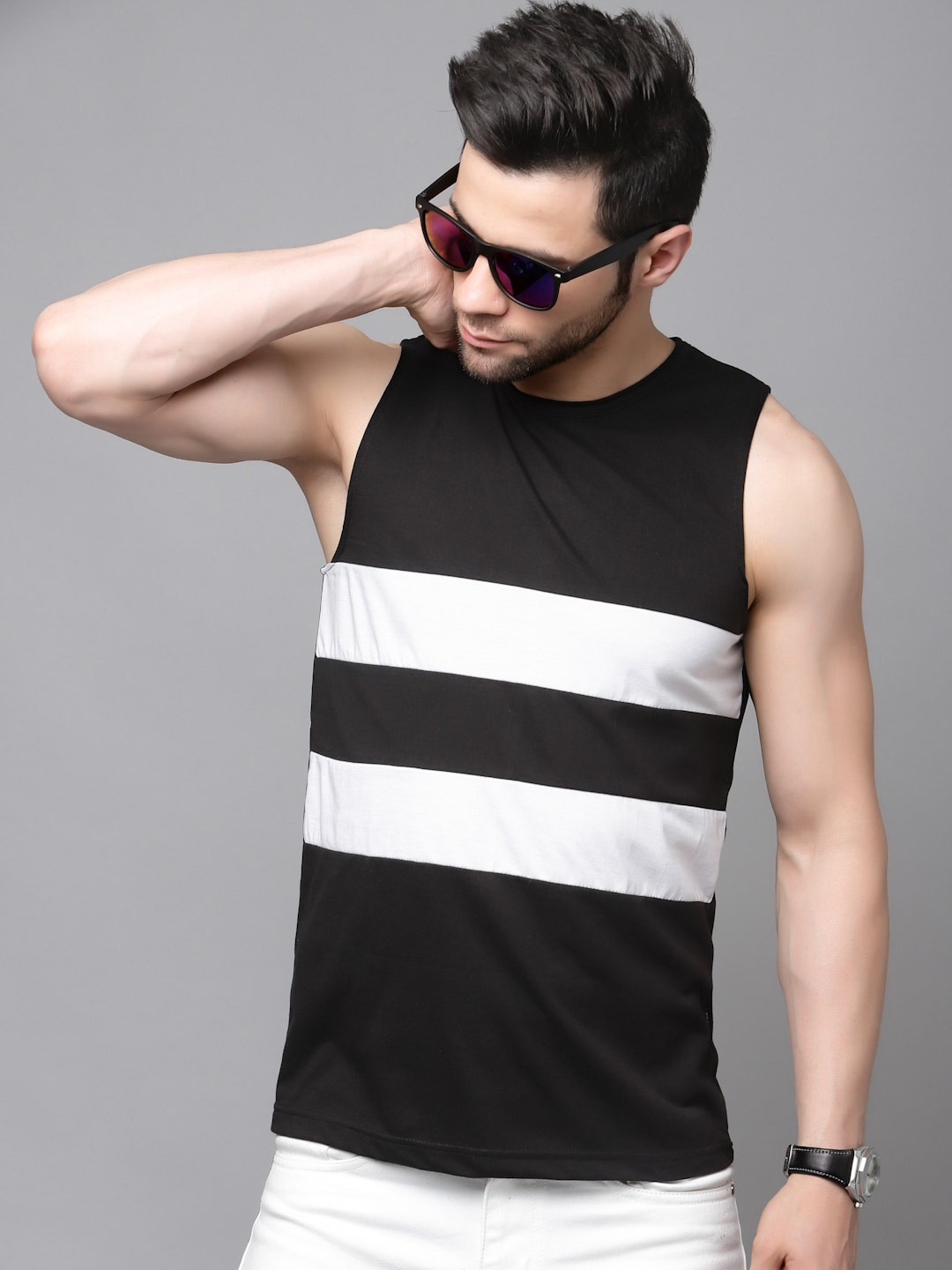 

Rigo Striped Sleeveless Cotton Slim Fit T-shirt, Black