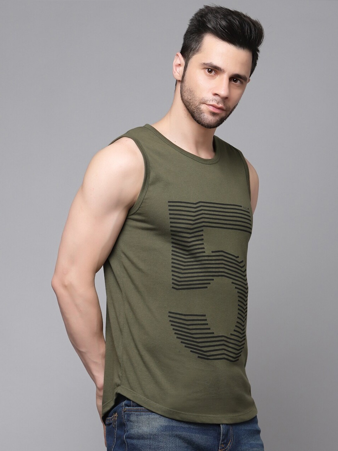 

Rigo Varsity Printed Sleeveless Cotton Slim Fit T-shirt, Olive