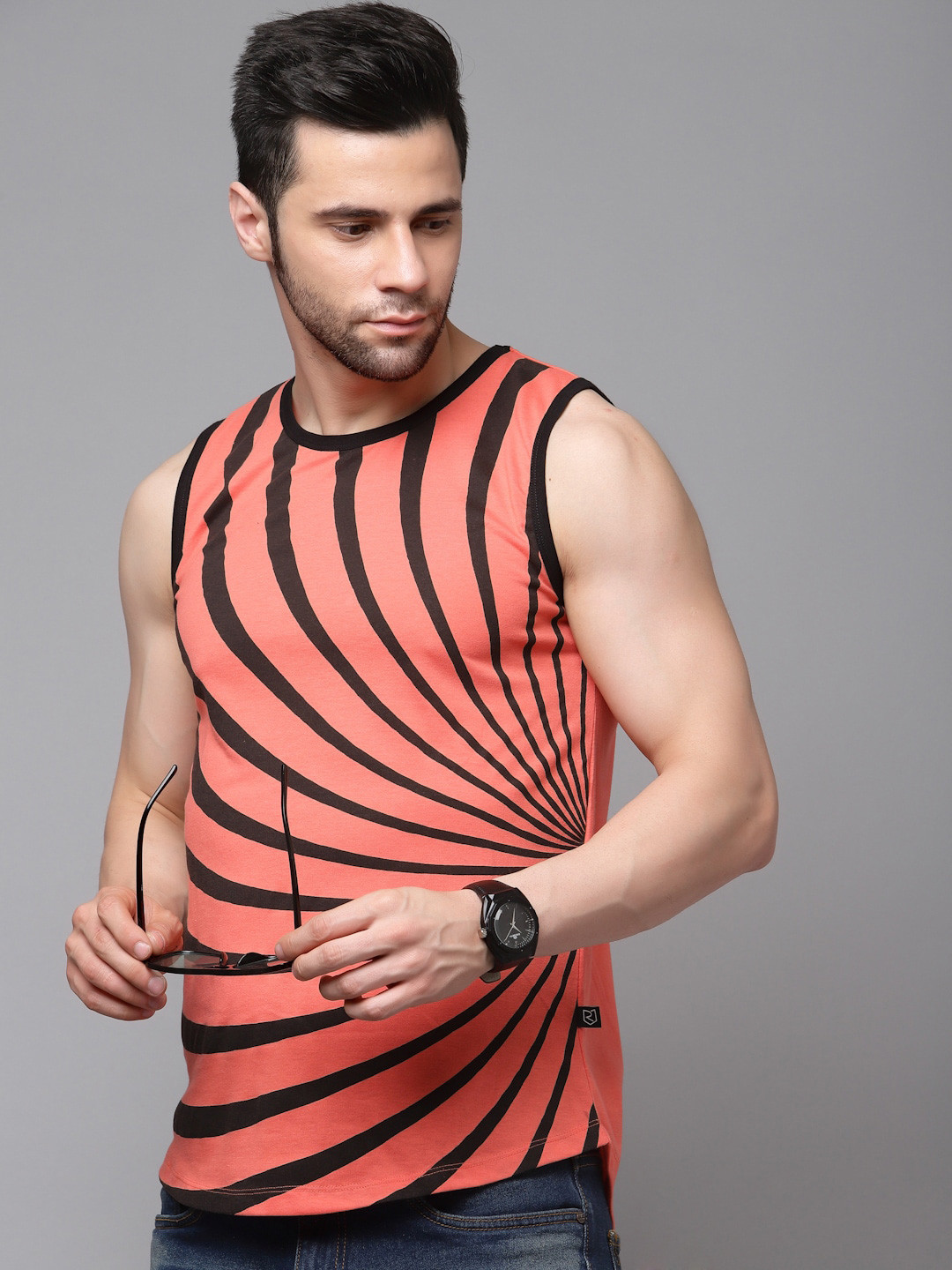 

Rigo Striped Sleeveless Cotton Slim Fit T-shirt, Orange