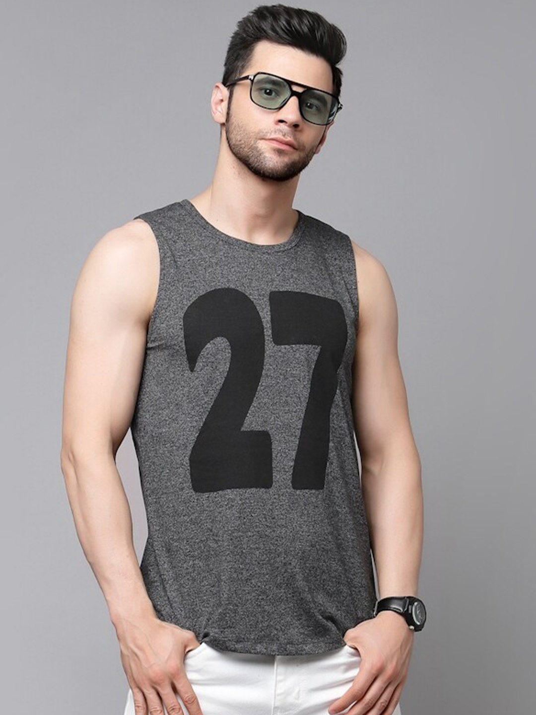 

Rigo Typography Printed Sleeveless Slim Fit T-Shirt, Grey