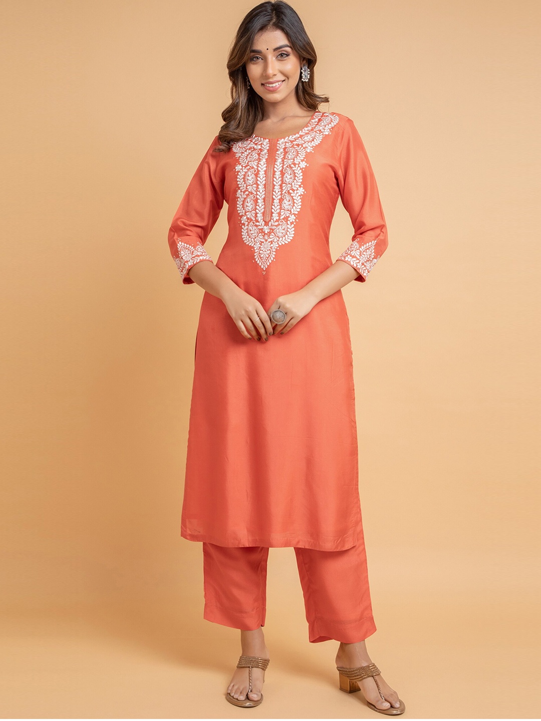 

SUTI Embroidered Cotton Silk Straight Kurta with Trousers, Orange