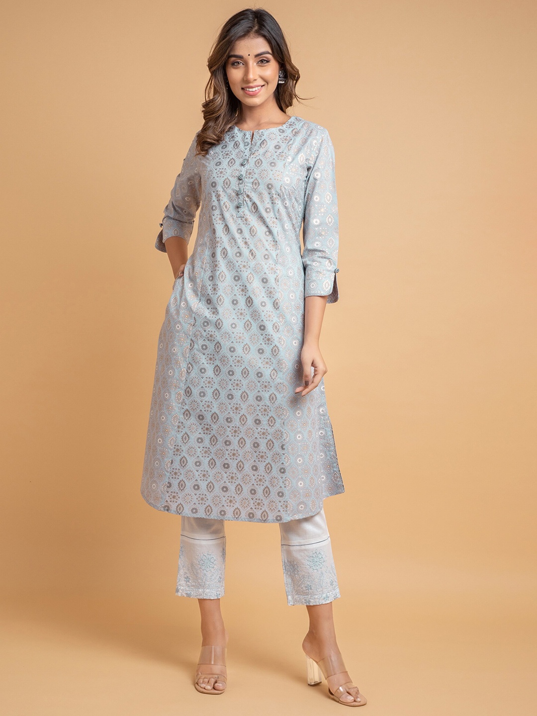 

SUTI Ethnic Motifs Printed Pure Cotton Kurta with Trousers & With Dupatta, Grey