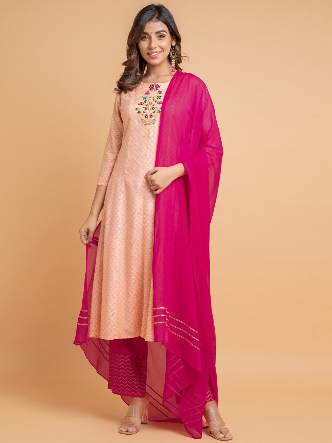

SUTI Embroidered Round Neck A-Line Kurta with Palazzos & With Dupatta, Peach