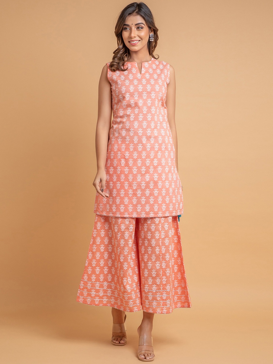 

SUTI Printed Pure Cotton Notched Neck Straight Kurta with Palazzos, Peach