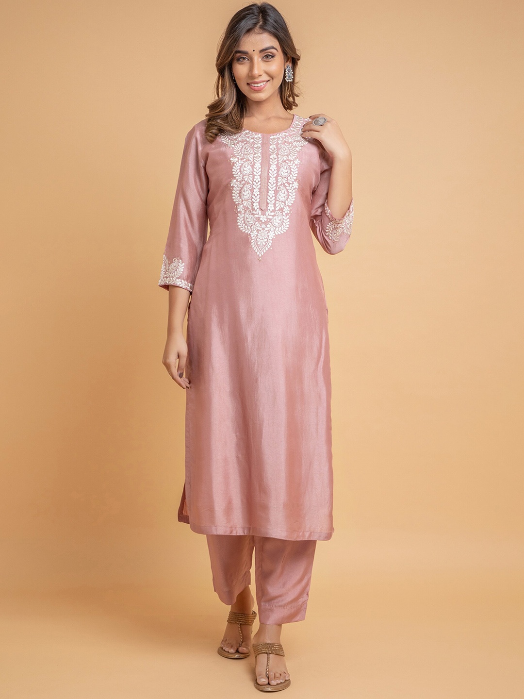 

SUTI Embroidered Cotton Silk Straight Kurta with Trousers, Pink